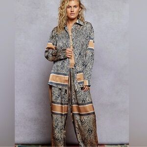 POL Zebra Print Button-Up Top and Wide Leg Pants Set - Black, Cream, Tan